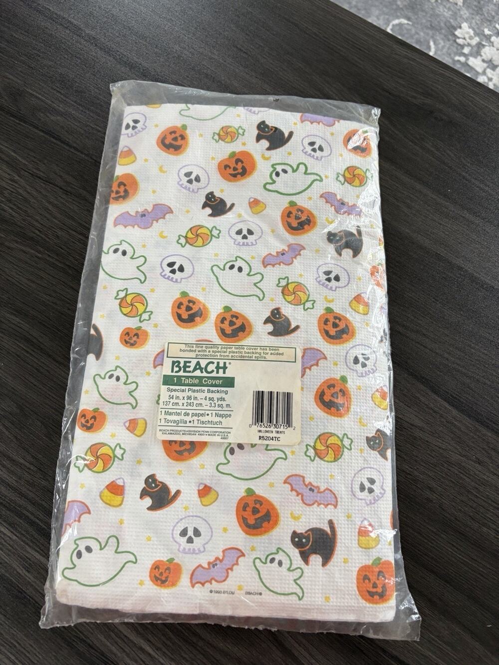 Vintage 1993 BEACH “Halloween Treats” Paper Table Cover NOS Plastic Backed. USA